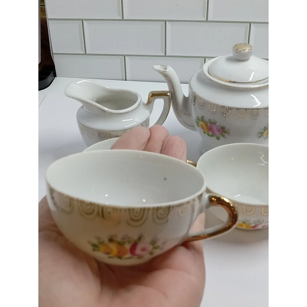 Vintage Japanese Porcelain Floral Tea Set Teapot Creamer 3 Cups Gold Trim White